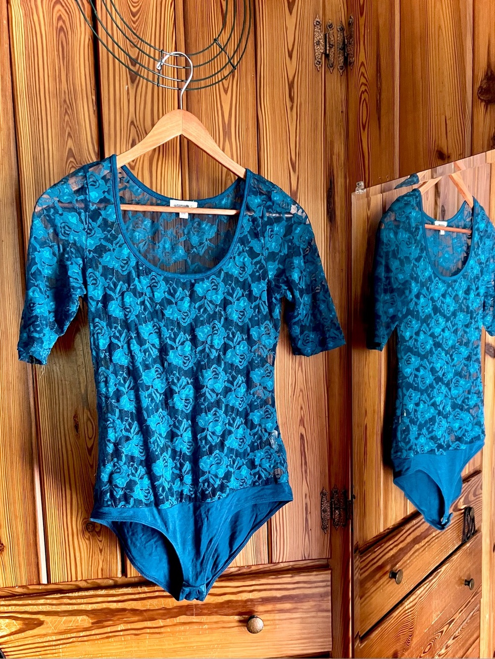 Silence & Noise- Bodysuit Sheer Lace Floral Teal Blue one piece small